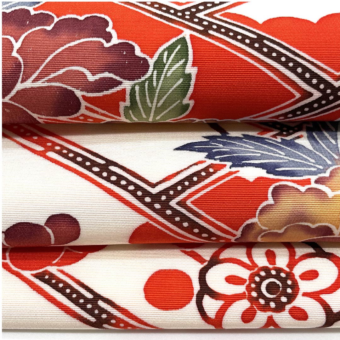 名古屋帯 白色 京紅型 牡丹 梅 竹 帯丈364.5cm 正絹 Aランク ポイント柄 カジュアル 白系 1124004803311 名古屋仕立て