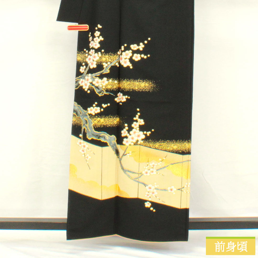 訪問着 ポリエステル 胴抜き 身丈160cm 裄丈64.5cm 洗える着物 梅 重ね衿付き Aランク 黒系 1112005653410