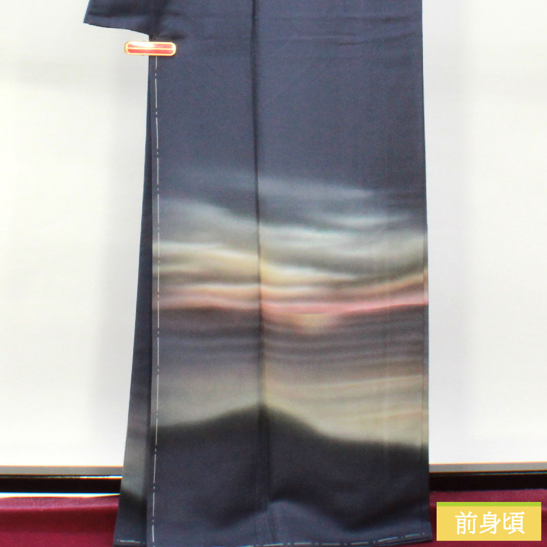 訪問着 正絹 袷 身丈167cm 裄丈66.5cm 瞑色(めいしょく) 風景模様 Aランク 紺系 1112004293518