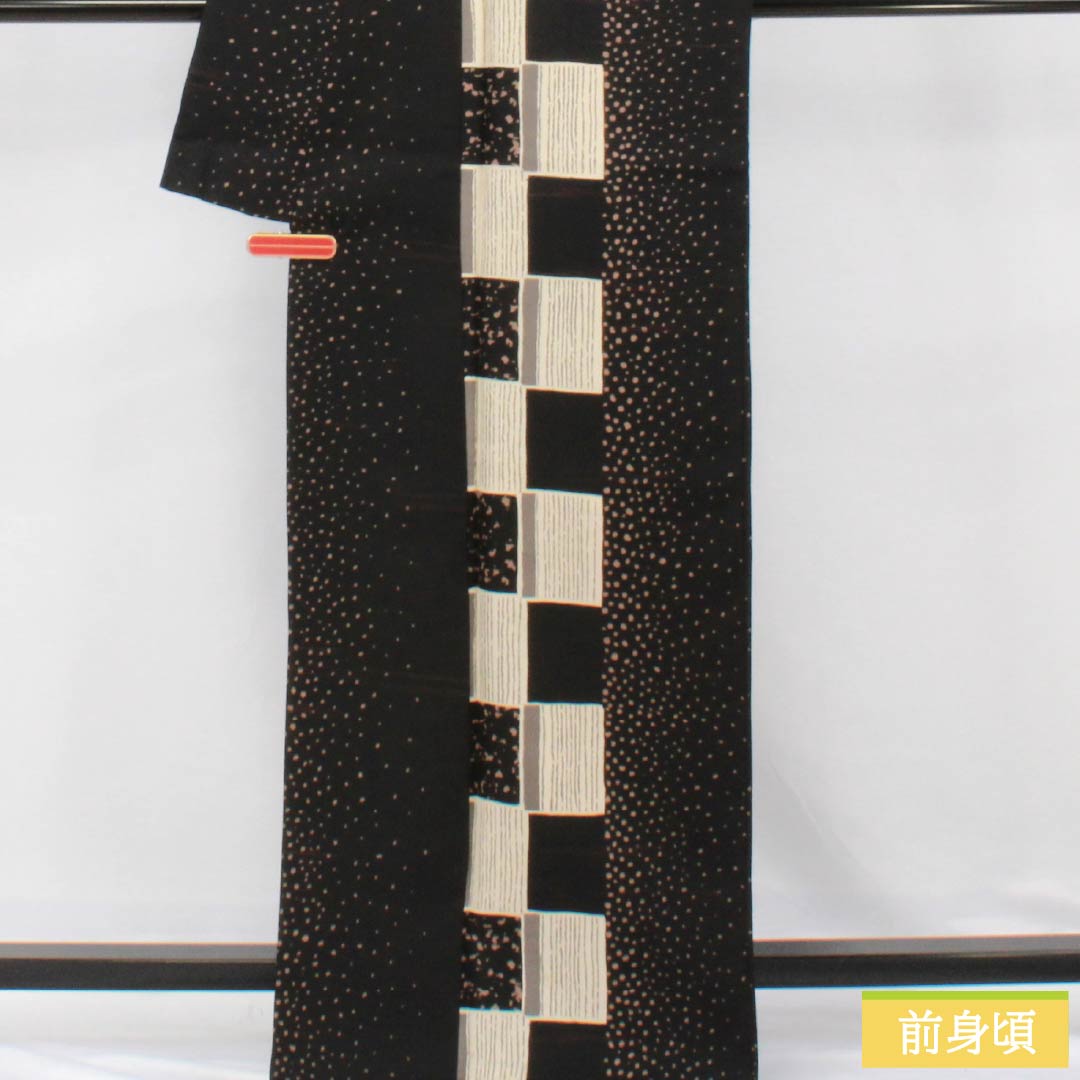 小紋 ポリエステル Bランク 身丈165.5cm 裄丈65.5cm 袷 ドット 市松 洗える着物 黒系 1115006754510