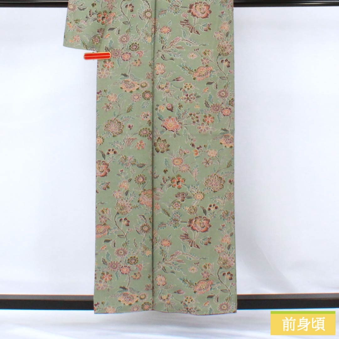 小紋 正絹 Sランク 身丈156.5cm 裄丈63cm 袷 利休鼠色(りきゅうねずみいろ) 更紗 緑系 1115007162319