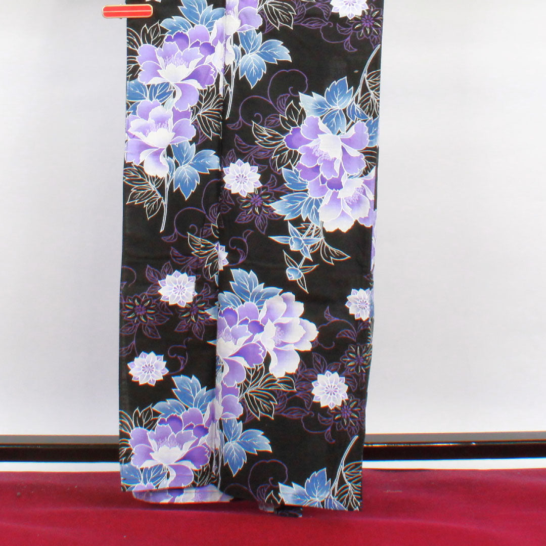 浴衣 草花模様 木綿 Sランク 単衣 身丈163cm 裄丈63cm 黒系 1118001102410