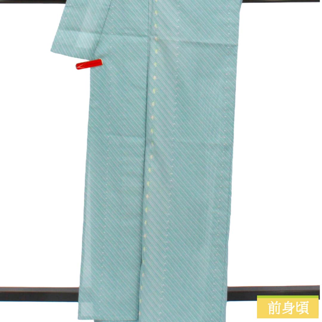 夏物 ポリエステル 小紋 Sランク 身丈163.5cm 裄丈66cm 花緑青色(はなろくしょういろ) 洗える着物 幾何学模様 絽 水色系 1132005922424