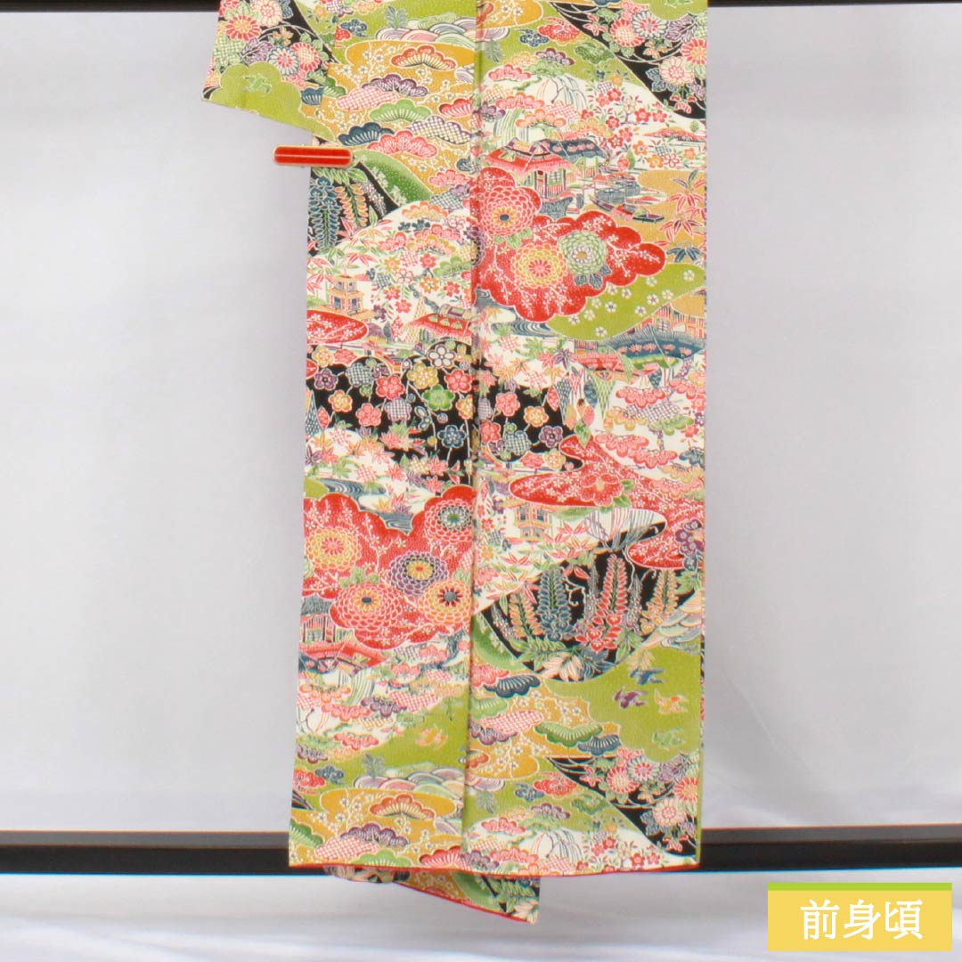 小紋 正絹 Sランク 身丈154cm 裄丈62cm 袷 鶸萌黄色(ひわもえぎいろ) 京紅型 吉祥文様 緑系 1115006832219