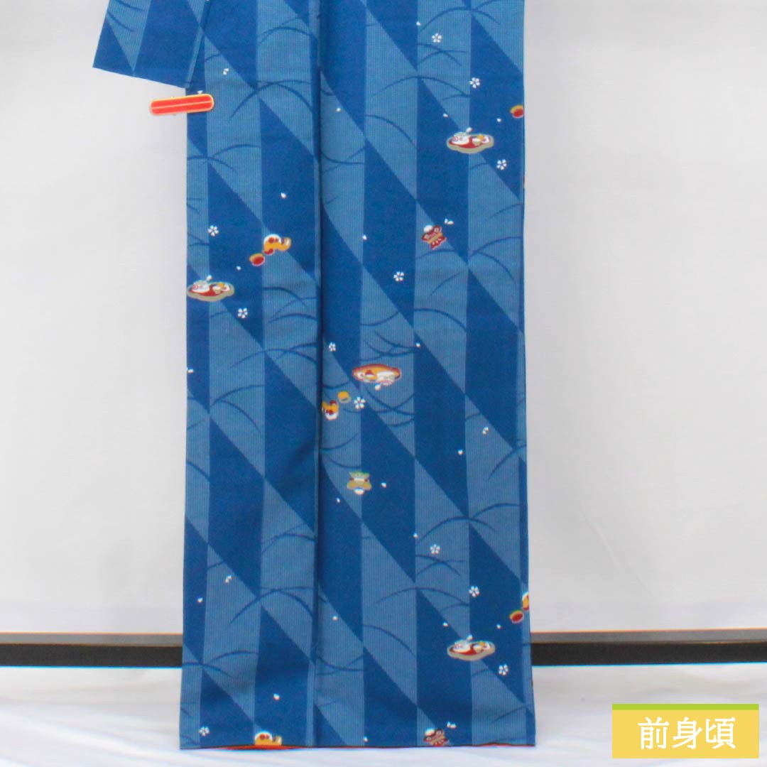 小紋 ポリエステル 身丈166cm 裄丈67cm 袷 紺青色(こんじょういろ) レトロ模様 洗える着物 Sランク 青系 1115005922517