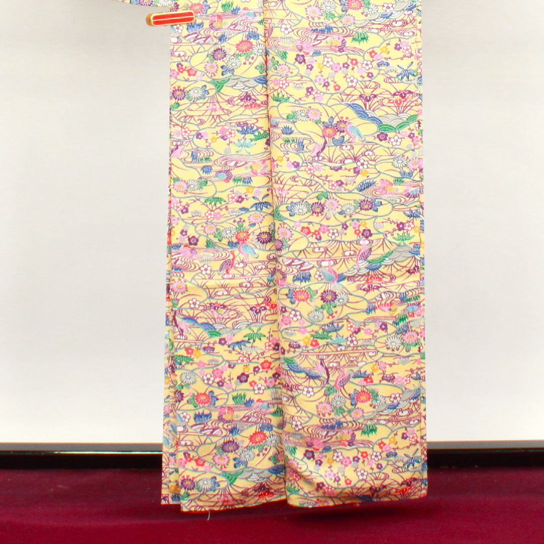 小紋 身丈161.5cm 裄丈65cm 袷 しつけ糸付き 未使用品 薄柑子色 型染 吉祥文様 正絹 Sランク 黄系 1115003392423