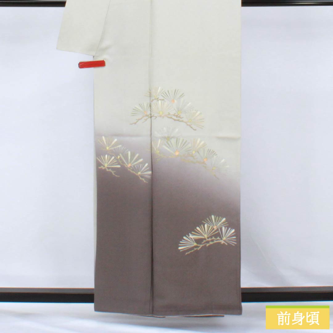 訪問着 正絹 Sランク 袷 身丈158.5cm 裄丈65cm 白鼠色(しろねずいろ) 佐賀錦 かざり錦 小島敏男 松葉 付下げ グレー系 1112006452322