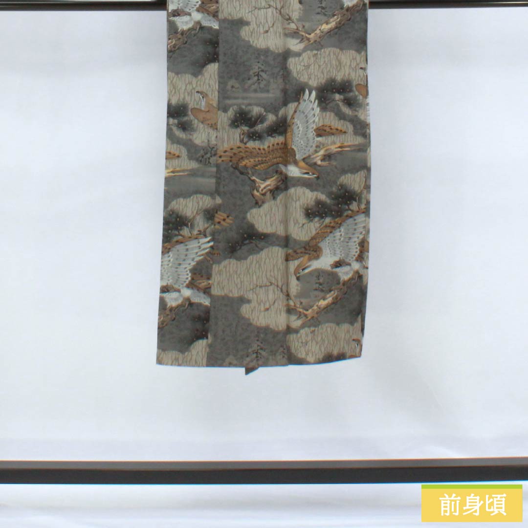 男物長襦袢 ウール Aランク 身丈131.5cm 裄丈65cm 藍銀煤竹色(あいぎんすすたけいろ) 松 鷲 単衣 グレー系 1140000753322