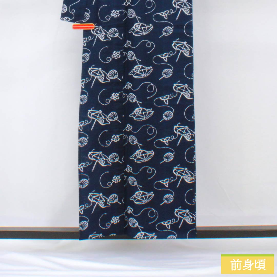 浴衣 木綿 身丈157cm 裄丈65cm Aランク 単衣 紺系 笠 扇面 1118005603318
