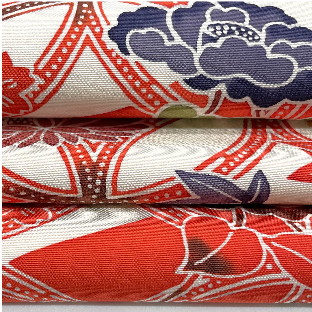 名古屋帯 緋色 七宝つなぎ 花柄 帯丈383cm 正絹 Sランク ポイント柄 カジュアル 朱系 1124004512316 名古屋仕立て