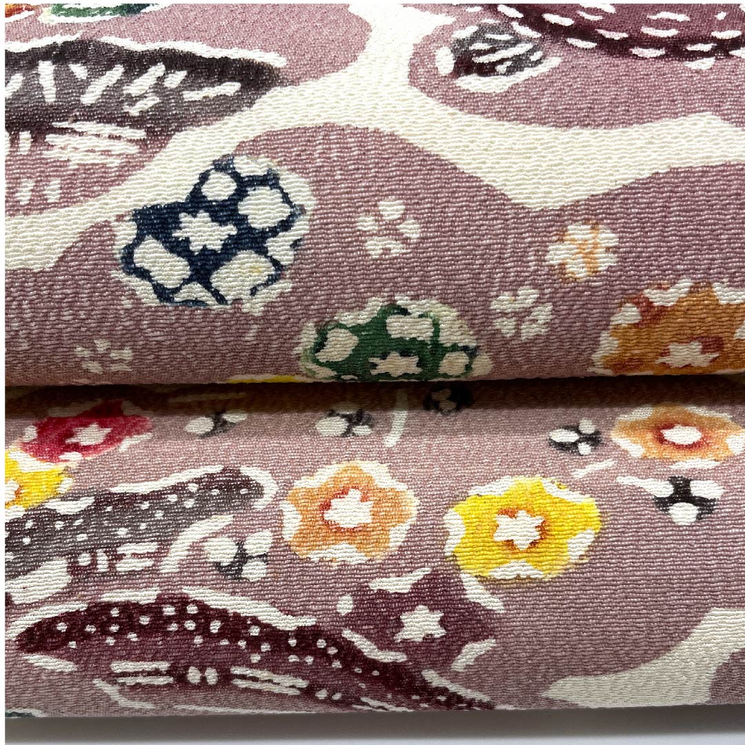 名古屋帯 紅鼠色 花柄 山 帯丈355cm 正絹 Bランク 三通 カジュアル ピンク系 1124004394313 開き仕立て