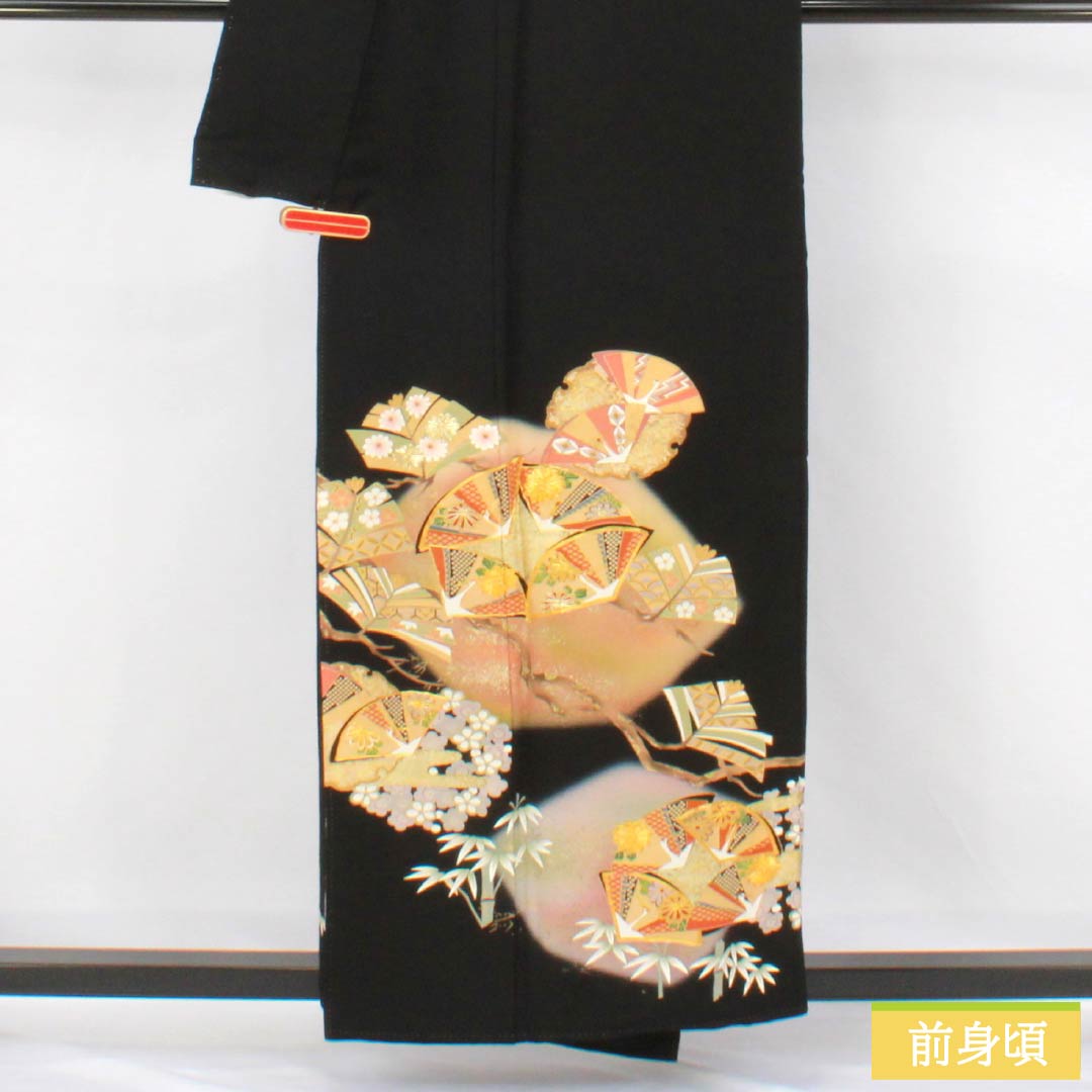 黒留袖 正絹 Aランク 身丈155.5cm 裄丈66.5cm 袷 京友禅 五つ紋 丸に木瓜 吉祥文様 金駒刺繡 鶴 五つ紋 黒系 1111001953310