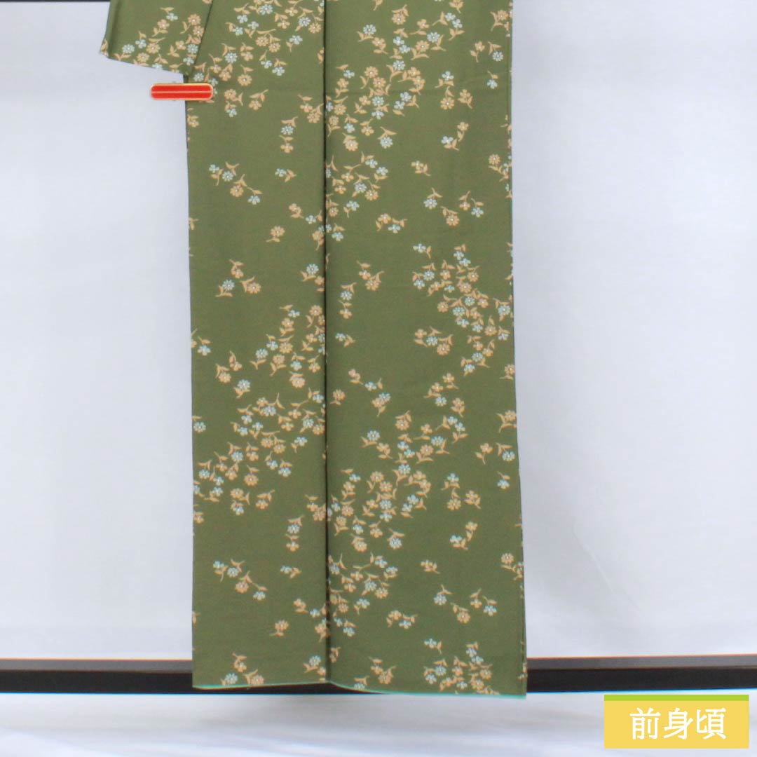 小紋 ポリエステル 身丈157cm 裄丈64cm 袷 柳煤竹色(やなぎすすたけいろ) 小花 洗える着物 Sランク 緑系 1115006242319