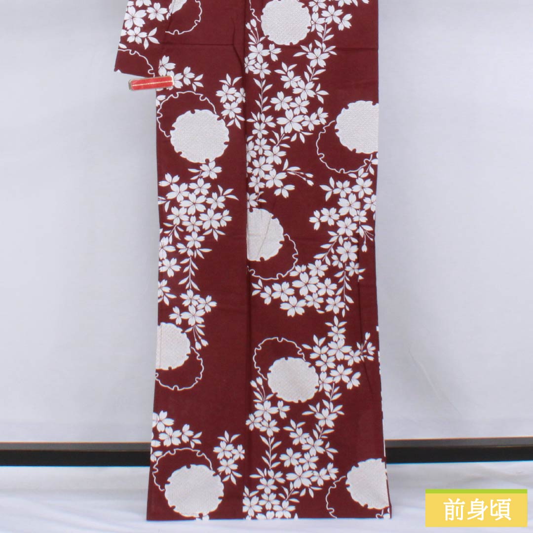 Cotton Yukata, Length 166cm, Sleeve Length 65cm, S Rank, Single Layer, Purple-Reddish Purple (Akamurasaki Iro), Snow Circle and Cherry Blossom Design, Product Number: 1118006302520