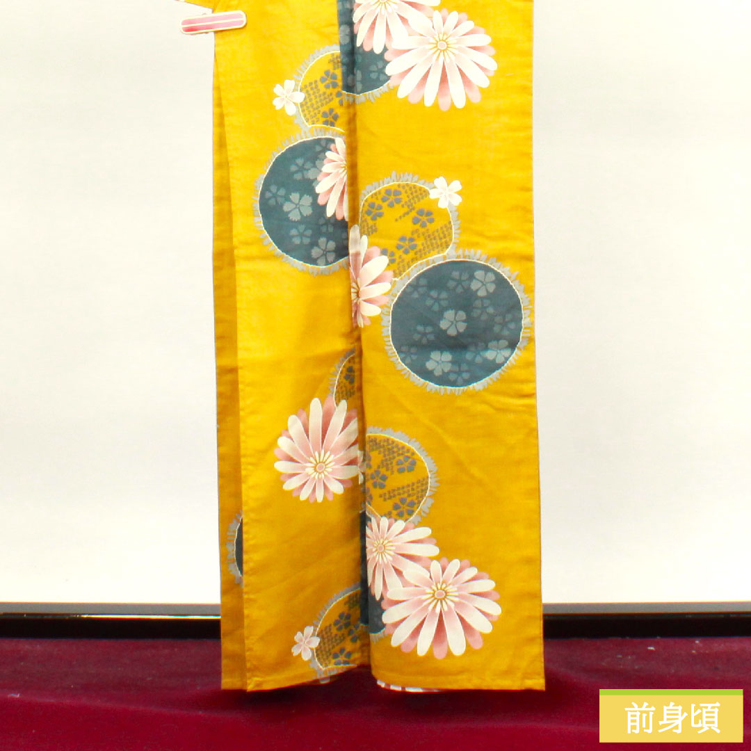 Yukata Cotton Length 161.5cm Sleeve length 65cm S rank Single layer Yellow Hajiiro Gerbera Cherry Blossom Pink 1118004492423