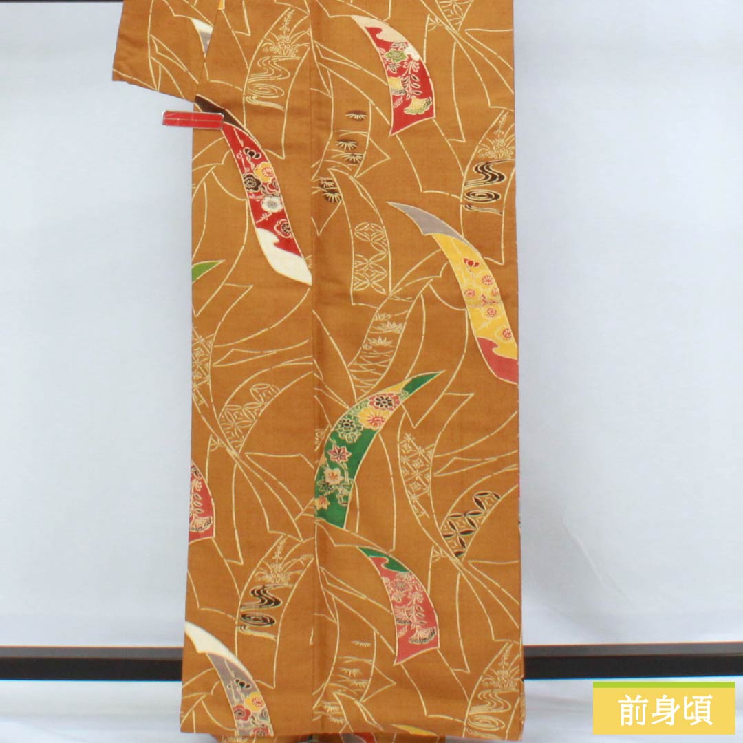 小紋 正絹 Aランク 身丈163.5cm 裄丈64.5cm 袷 金茶色(きんちゃいろ) 京紅型 短冊 紬地 橙系 1115006363426