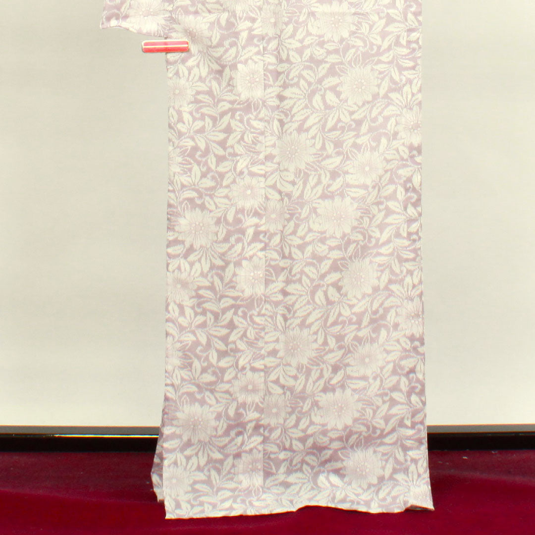 夏物 ポリエステル 小紋 身丈169cm 裄丈67.5cm 灰桜色(はいざくらいろ) マーガレット しつけ糸付き 洗える着物 紗 Sランク 紫系 1132000462520