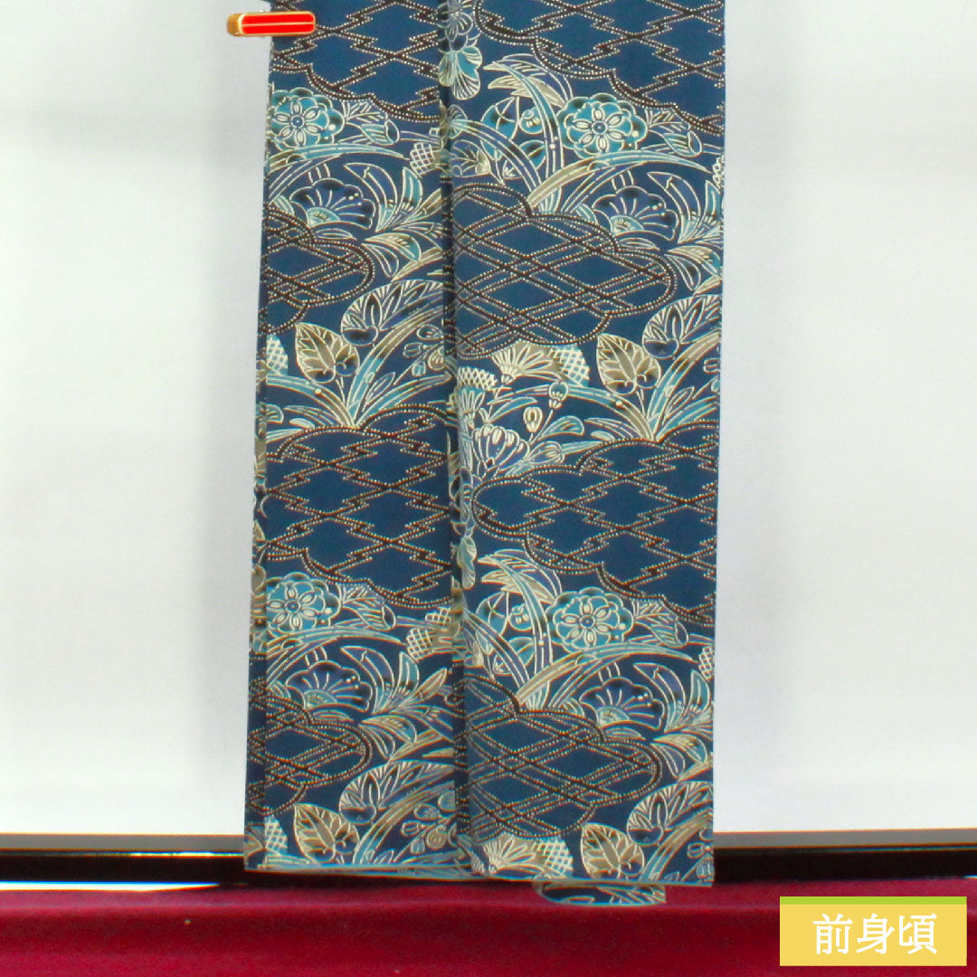 Komon, pure silk, length 156cm, sleeve length 64cm, lined, navy blue, Kyoto Bingata, auspicious motif, A rank, navy blue, 1115004283318