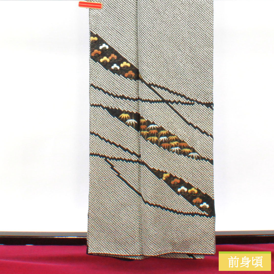 訪問着 正絹 袷 身丈160cm 裄丈63cm 総絞り 松竹梅 Sランク 黒系 1112004642410