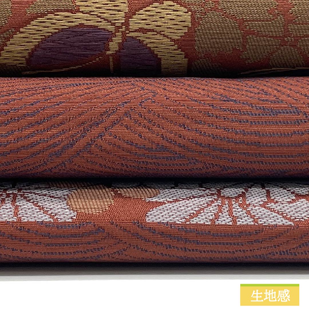 (京袋帯)名古屋帯 ポリエステル Sランク 海老茶色(えびちゃいろ) 横段 蝶 紅葉 帯丈366cm 六通 セミフォーマル 茶系 1124011022314 開き仕立て