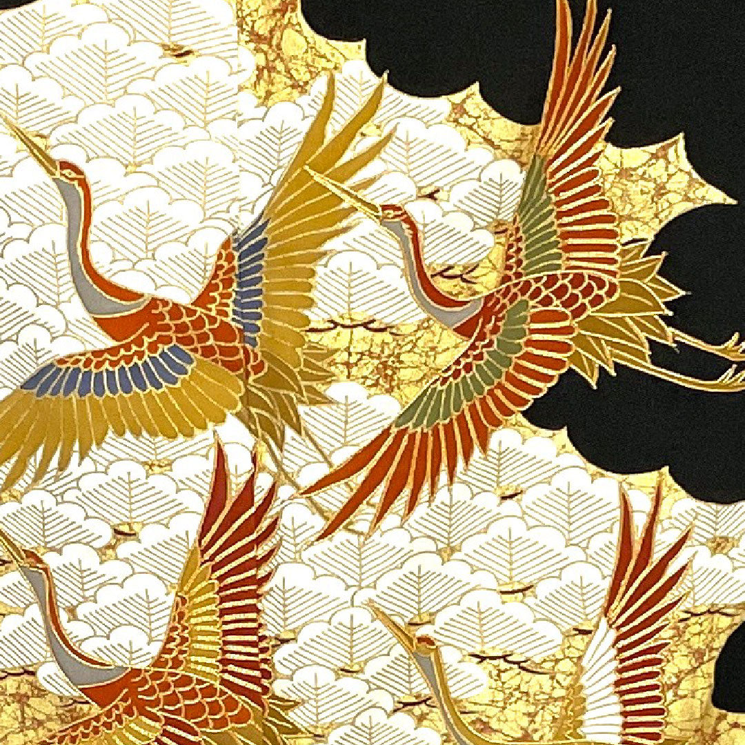 黒留袖 身丈155.5cm 裄丈61.5cm 袷 京友禅 鶴 片喰 正絹 Bランク 五つ紋 黒系 1111000344310