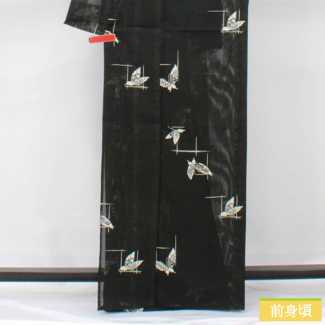 夏物 ポリエステル 小紋 身丈165.5cm 裄丈64cm 格子 蝶 絽 Aランク 黒系 1132002383510