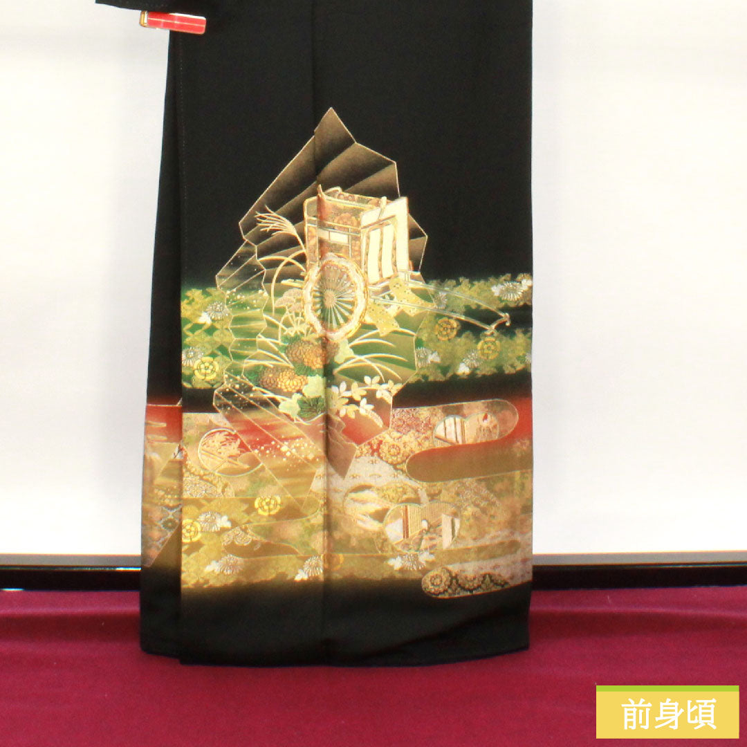 Black formal kimono, pure silk, length 164cm, sleeve length 65cm, lined, gold leaf finish, auspicious motif, artist's work, five crests, ivy, A rank, five crests, black, 1111001263410