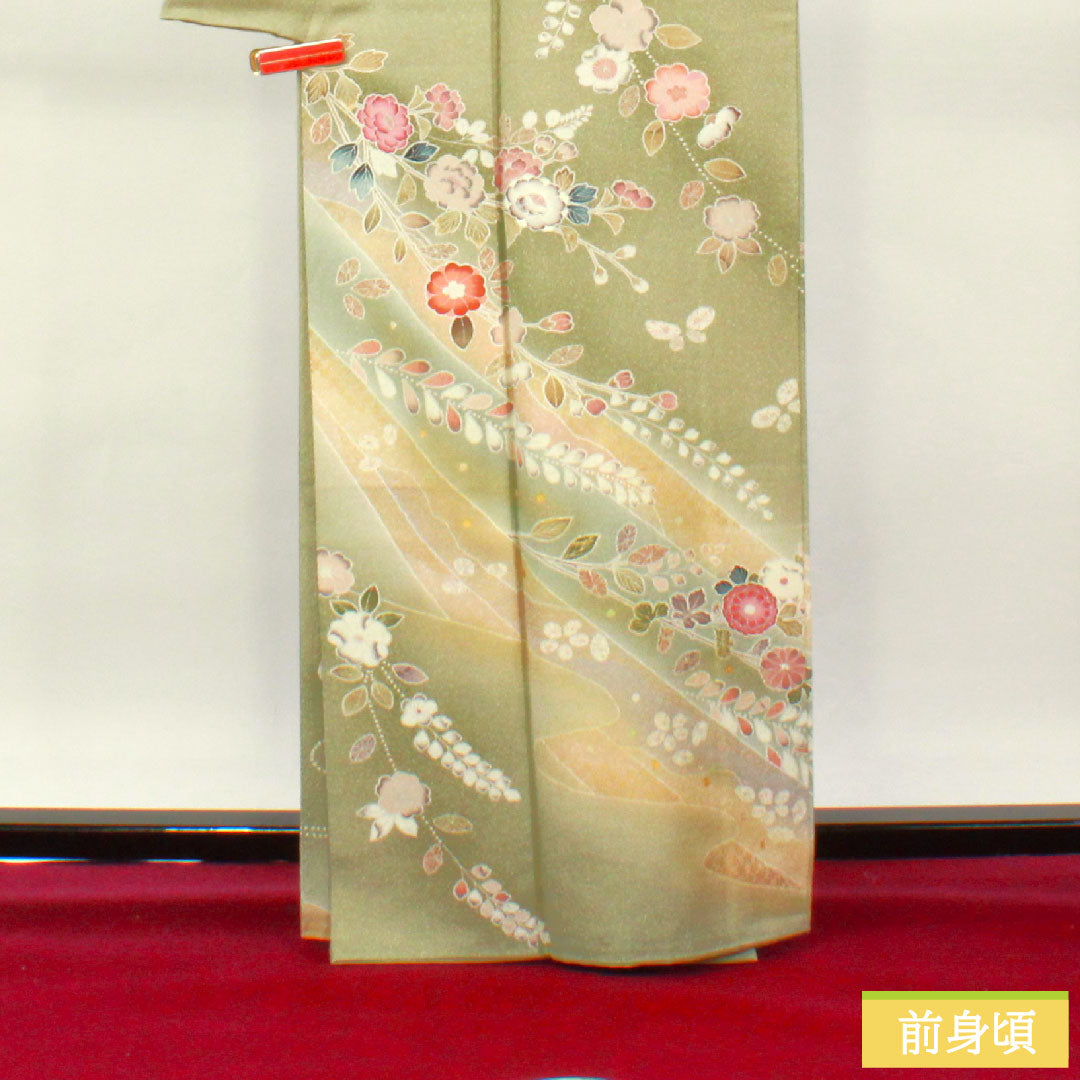 Homongi, pure silk, lined, length 163cm, sleeve length 65cm, willow-colored lining, Kyo-Yuzen, Tsujigahana, S rank, green, 1112003992419