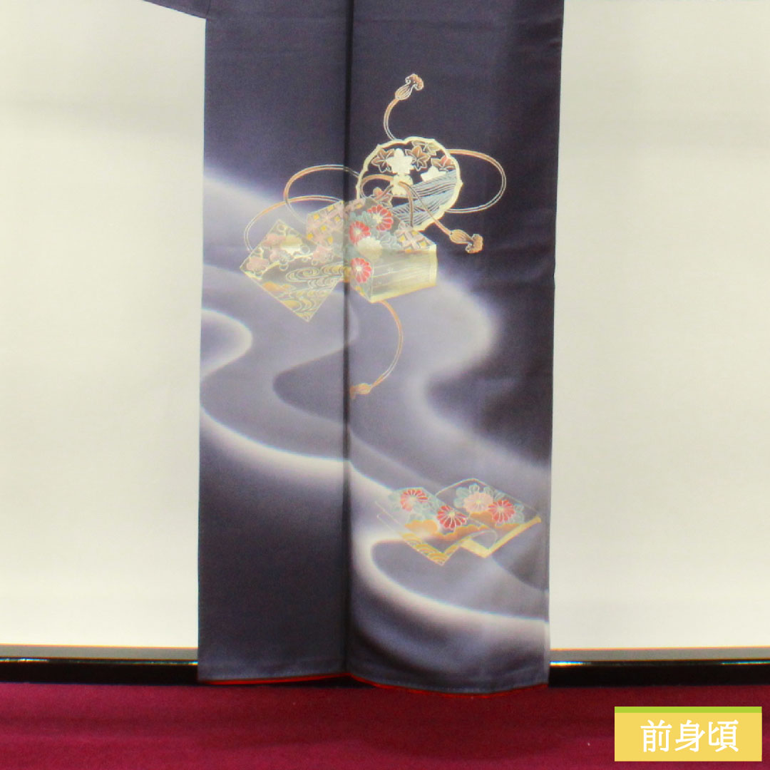 Homongi, pure silk, lined, length 157.5cm, sleeve length 66cm, dark blue, Kyo-Yuzen, multi-tiered box, braided cord, A-rank, navy blue, 1112004843318