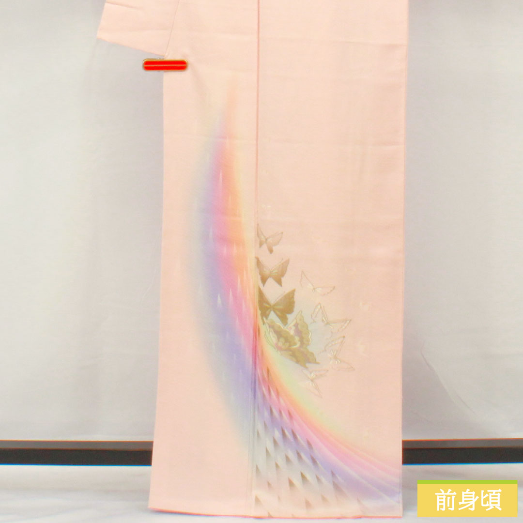 訪問着 正絹 袷 身丈167.5cm 裄丈68.5cm 今様色(いまよういろ) 京友禅 蝶 しつけ糸付き Aランク ピンク系 1112005933513