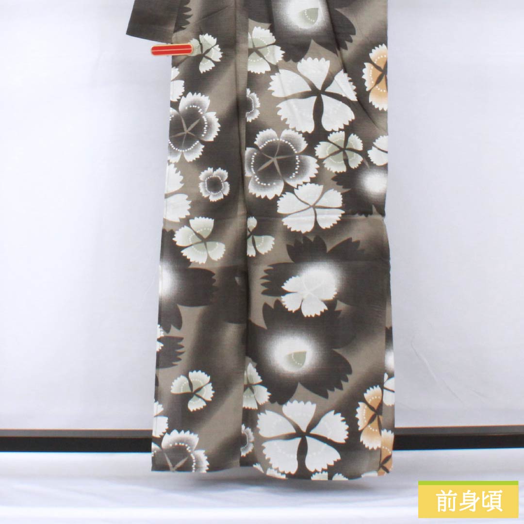 浴衣 木綿 身丈161cm 裄丈67.5cm Sランク 単衣 グレー系 消炭鼠色(けしずみねずみいろ) 秋桜 1118005312422