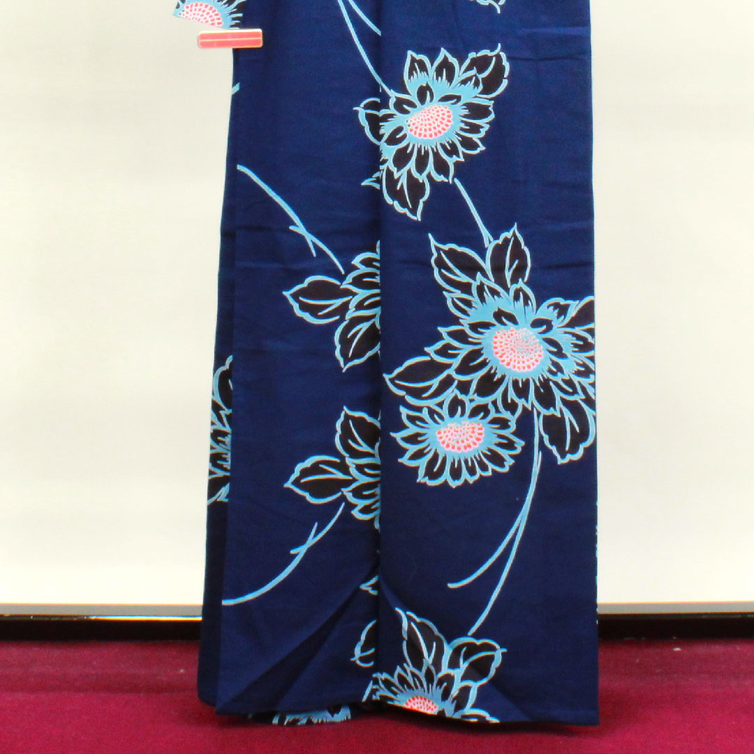 浴衣 しつけ糸付き 未使用品 濃紺色 向日葵 木綿 Sランク 単衣 身丈165cm 裄丈64.5cm 紺系 1118002752518