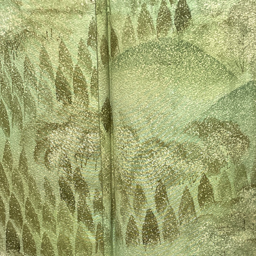 訪問着 袷 身丈156cm 裄丈61.5cm 裏葉色 タタキ染 風景模様 正絹 Aランク 緑系 1112002303319