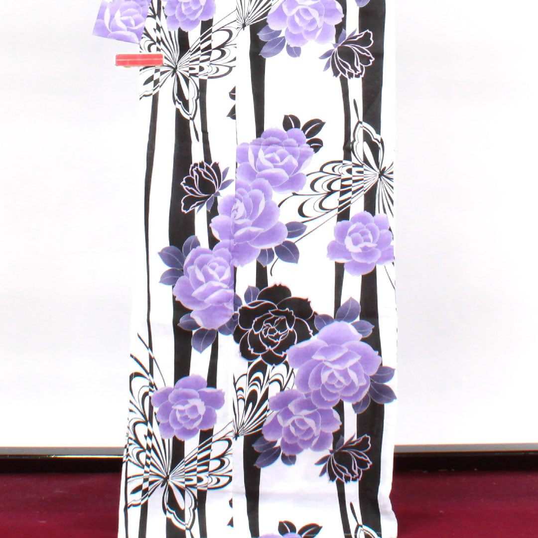 浴衣 モノトーン 蝶 薔薇 木綿 Sランク 単衣 身丈167cm 裄丈63.5cm 白系 1118001312511
