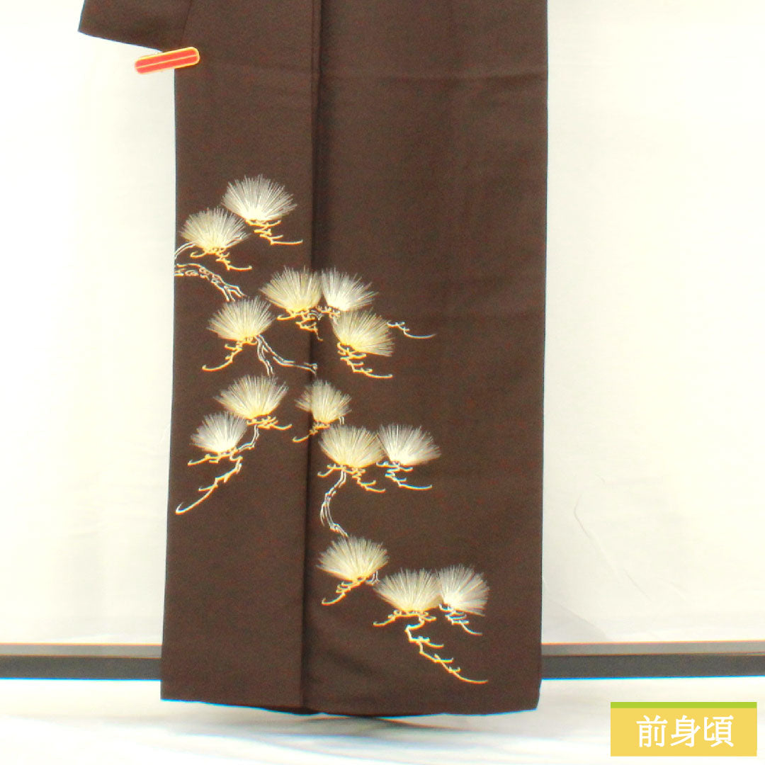訪問着 正絹 袷 身丈161cm 裄丈65.5cm 茶黒色(ちゃぐろいろ) 京友禅 松 一つ紋 丸に木瓜 Aランク 茶系 1112005033414
