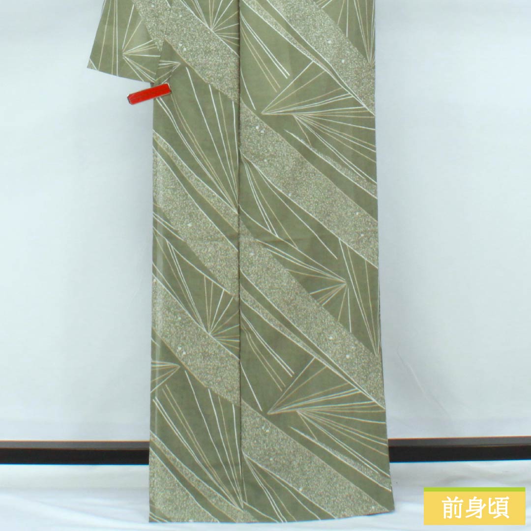 夏物 ポリエステル 小紋 身丈167cm 裄丈69.5cm 岩井茶色(いわいちゃいろ) 抽象模様 紗 Sランク 緑系 1132002392519