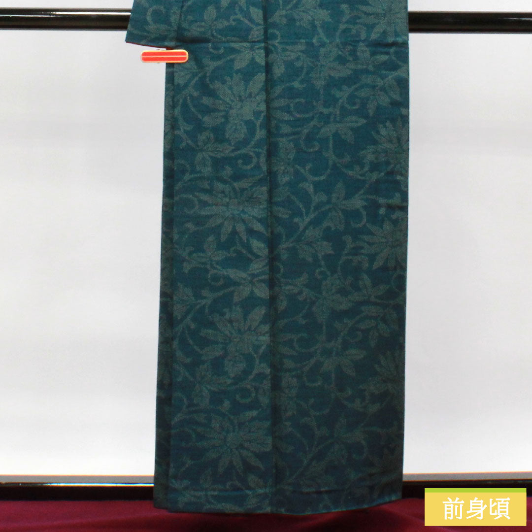 紬 正絹 身丈158cm 裄丈62.5cm 高麗納戸色 草花模様 胴抜き仕立 Sランク 胴抜き 緑系 1116002922319