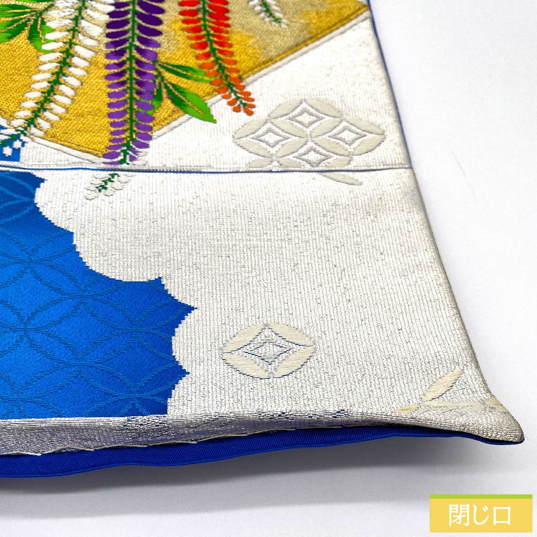 袋帯 瑠璃色(るりいろ) 七宝 藤の花 桜 帯丈420cm 正絹 Aランク 六通 フォーマル 青系 1123010073317