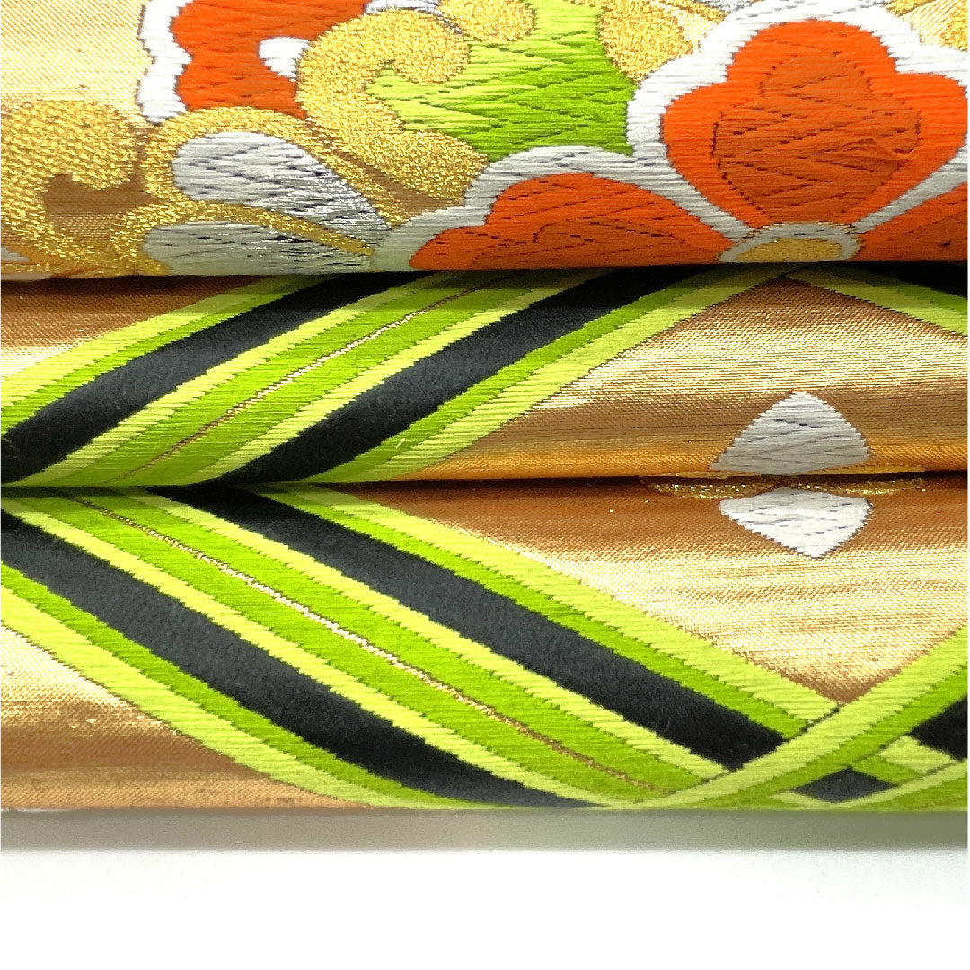 袋帯 華文模様 振袖用 帯丈424cm 正絹 Aランク 六通 フォーマル 金系 1123003423321