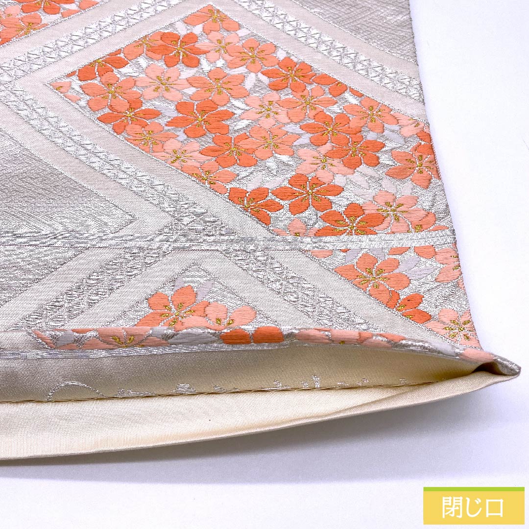 袋帯 銀色 桜 紗綾形 帯丈416cm 正絹 Sランク 六通 フォーマル 銀系 1123010282322