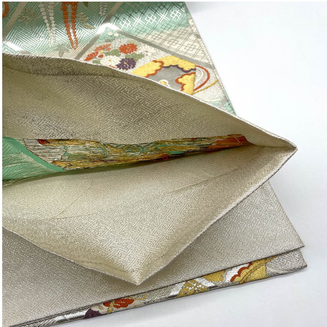 (未仕立)袋帯 銀色 扇面 青海波 花模様 帯丈439cm 正絹 Sランク 六通 フォーマル 銀系 1123005952322