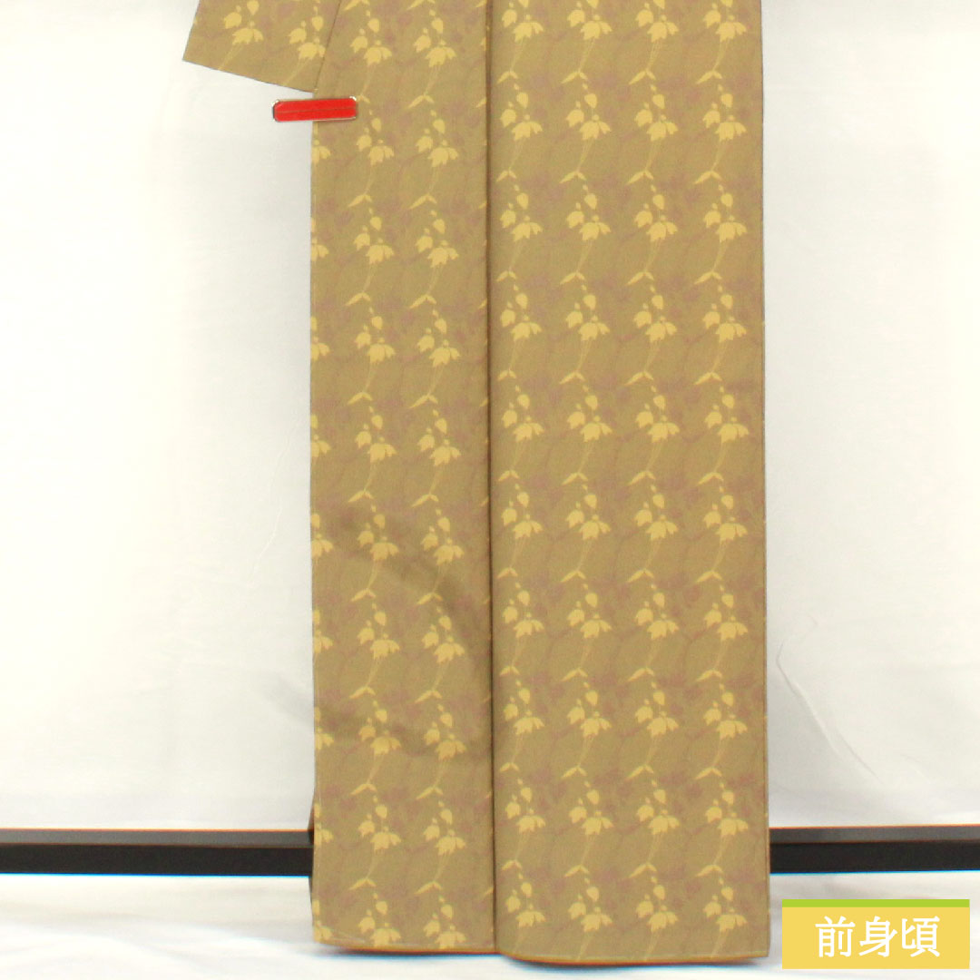 小紋 ポリエステル 身丈163cm 裄丈65cm 袷 紀州茶色(きしゅうちゃいろ) 洗える着物 抽象花 しつけ糸付き 未使用品 Sランク 緑系 1115004922419