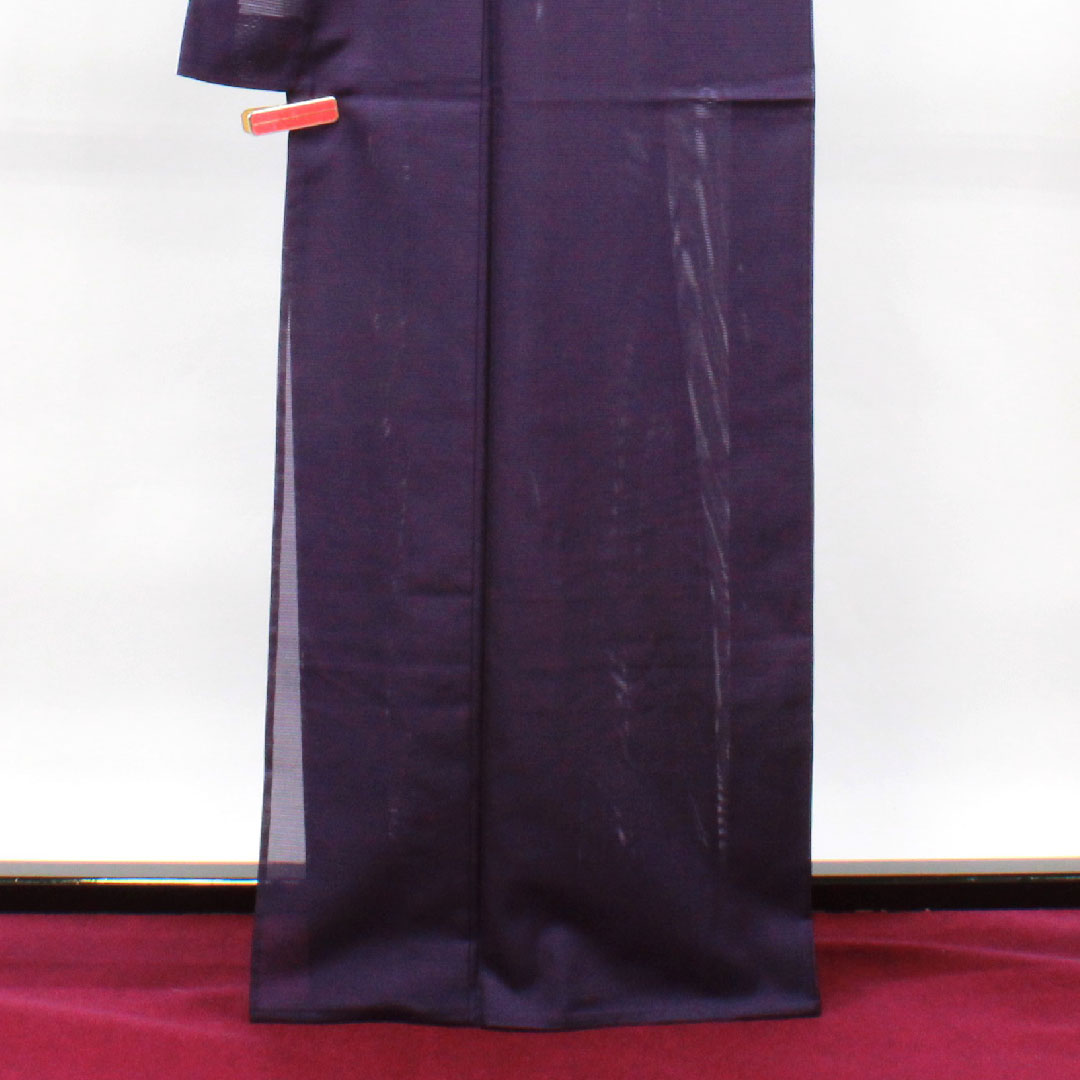 夏物 ポリエステル 色無地 身丈165cm 裄丈63cm 茄子紺色(なすこんいろ) 素無地 洗える着物 左三階松 絽 Sランク 紫系 1132001682520