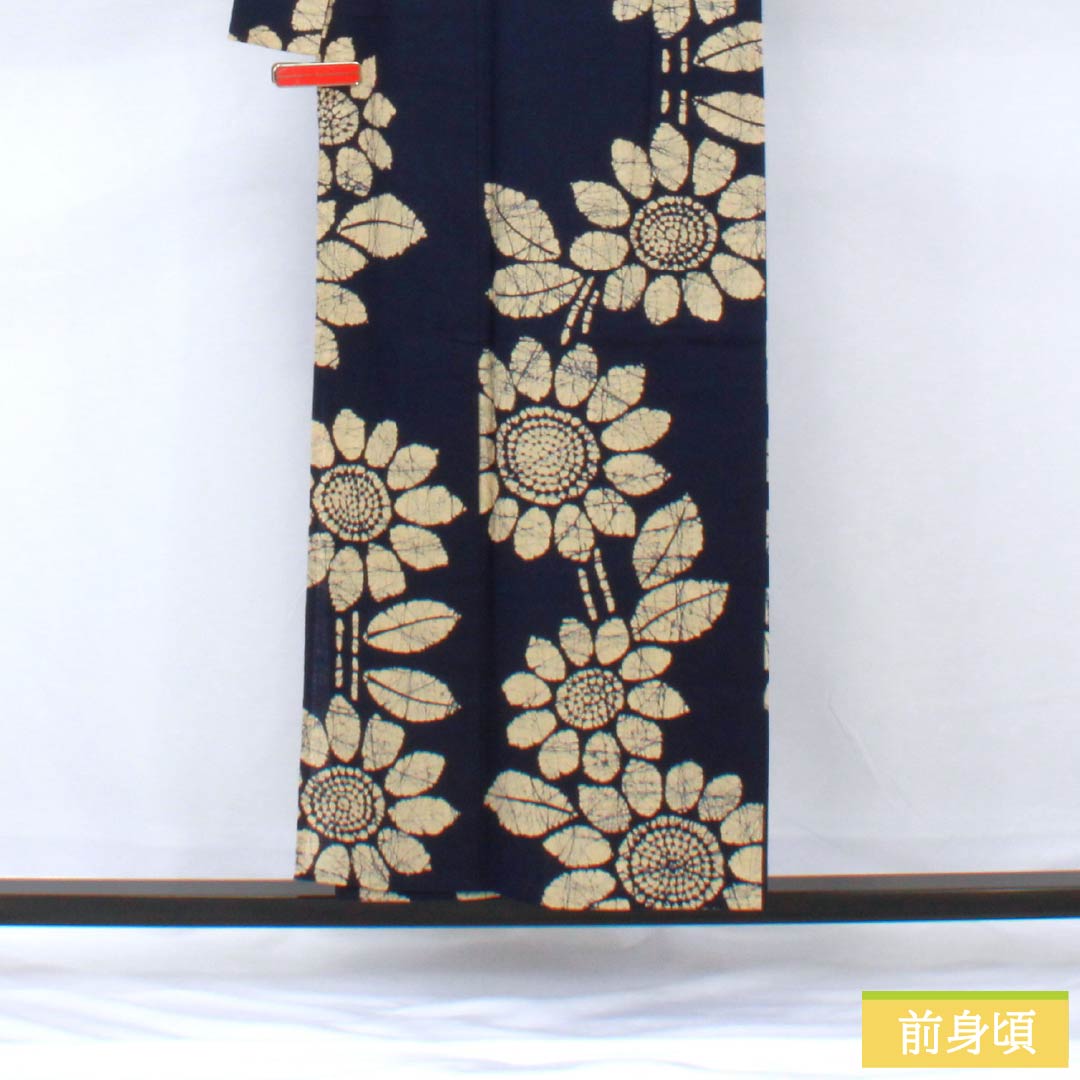 浴衣 木綿 身丈154cm 裄丈62.5cm Bランク 単衣 紺系 濃紺色(のうこんいろ) 向日葵 1118005844218