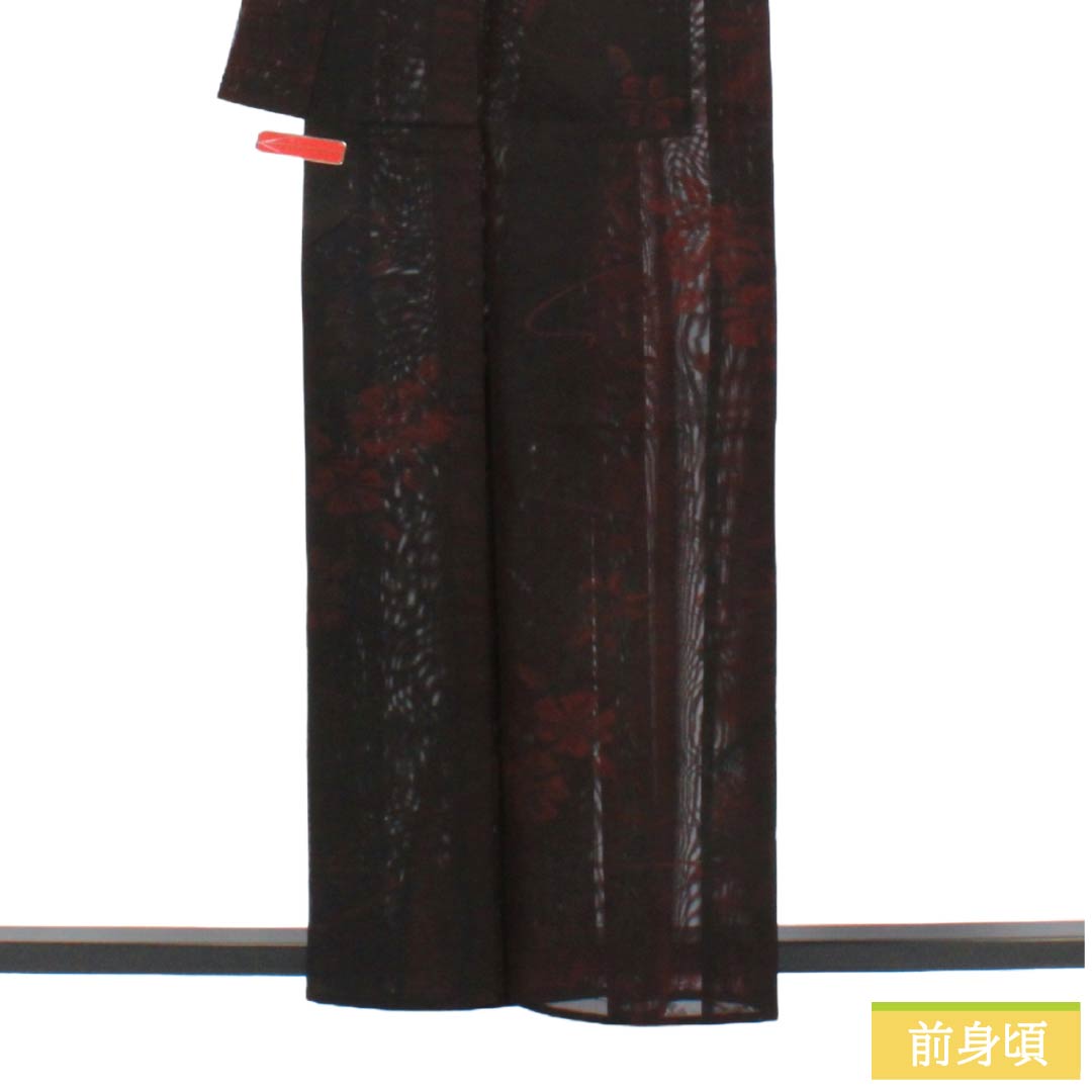 夏物 正絹 お召 Sランク 身丈159.5cm 裄丈64cm 臙脂墨色(えんじずみいろ) 流水 花柄 紗 赤系 1132004392312