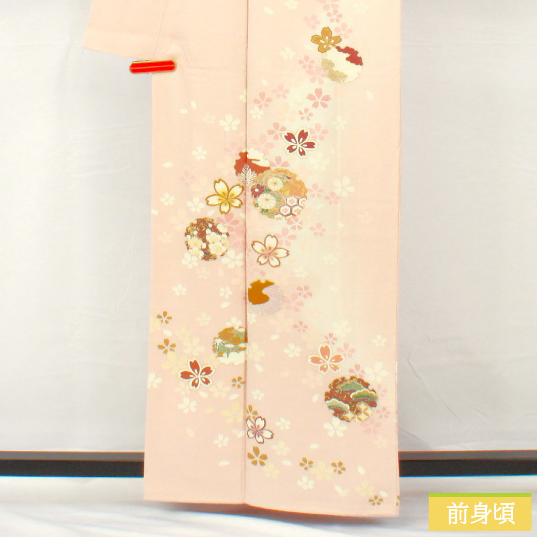 Homongi, pure silk, lined, length 162.5cm, sleeve length 67.5cm, modern colors, Kyo-Yuzen, snowflake, cherry blossom, A rank, pink, 1112005013413