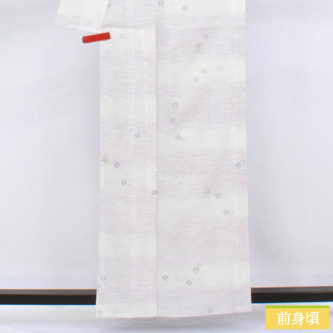 夏物 ポリエステル 小紋 身丈160cm 裄丈65cm 霞色(かすみいろ) 撫子 波 洗える着物 絽 Bランク グラデーション系 1132002454499