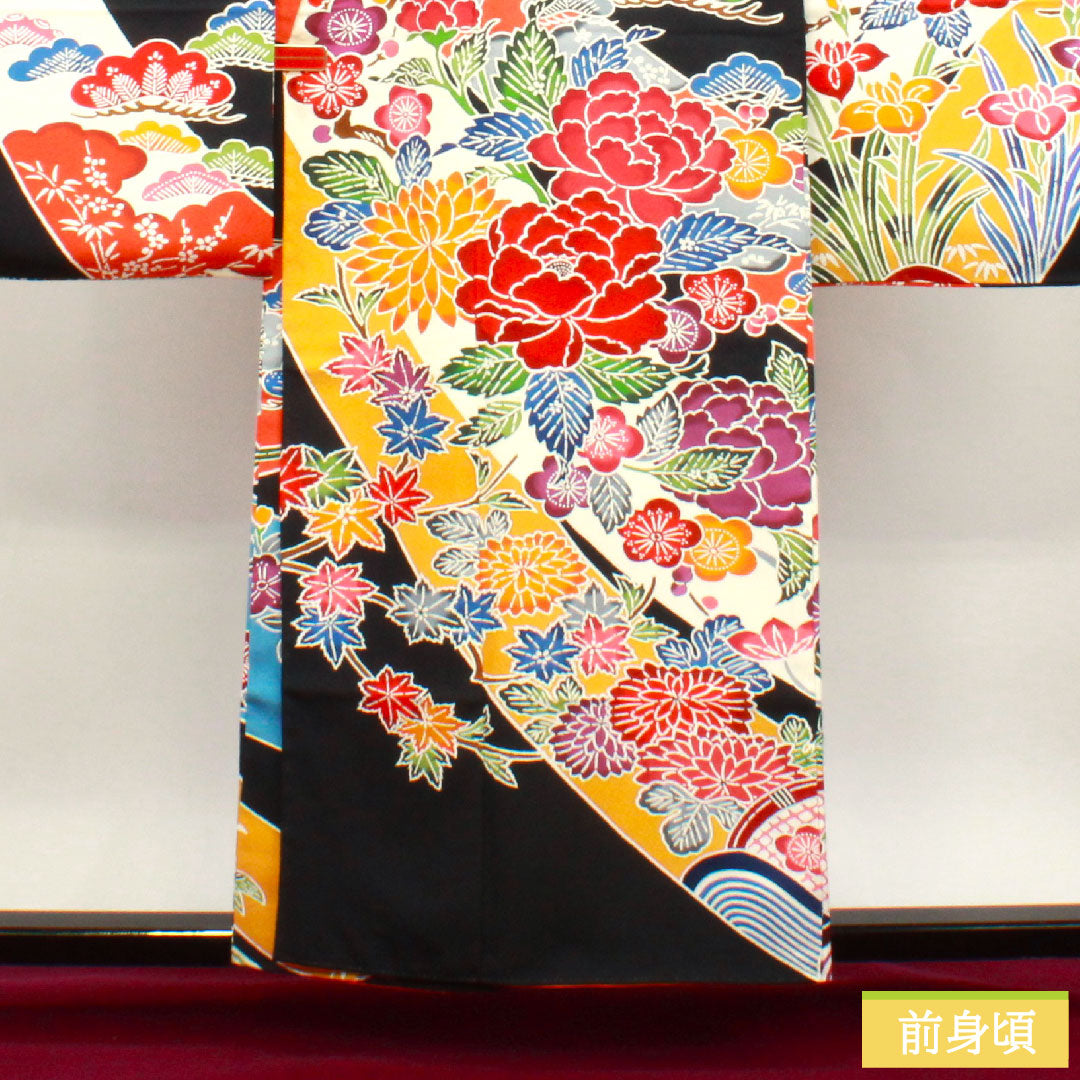 振袖 正絹 身丈157cm 裄丈63cm 袷 京紅型 草花模様 Sランク 黒系 1113001862310