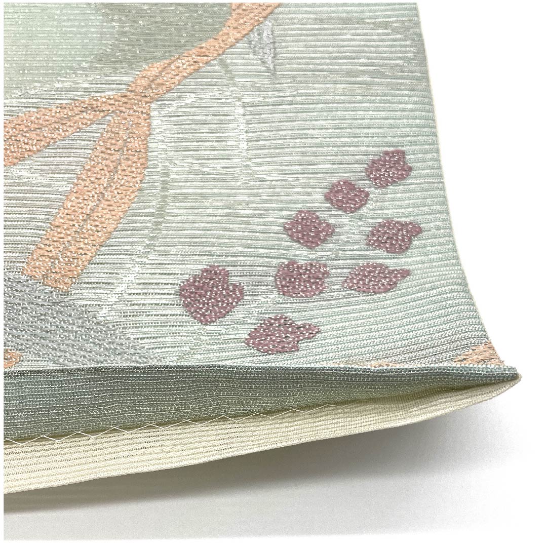 袋帯 薄水色(うすみずいろ) 夏帯 生成り色 花模様 流水 帯丈440cm 正絹 Aランク 六通 フォーマル 青系 1123007303317