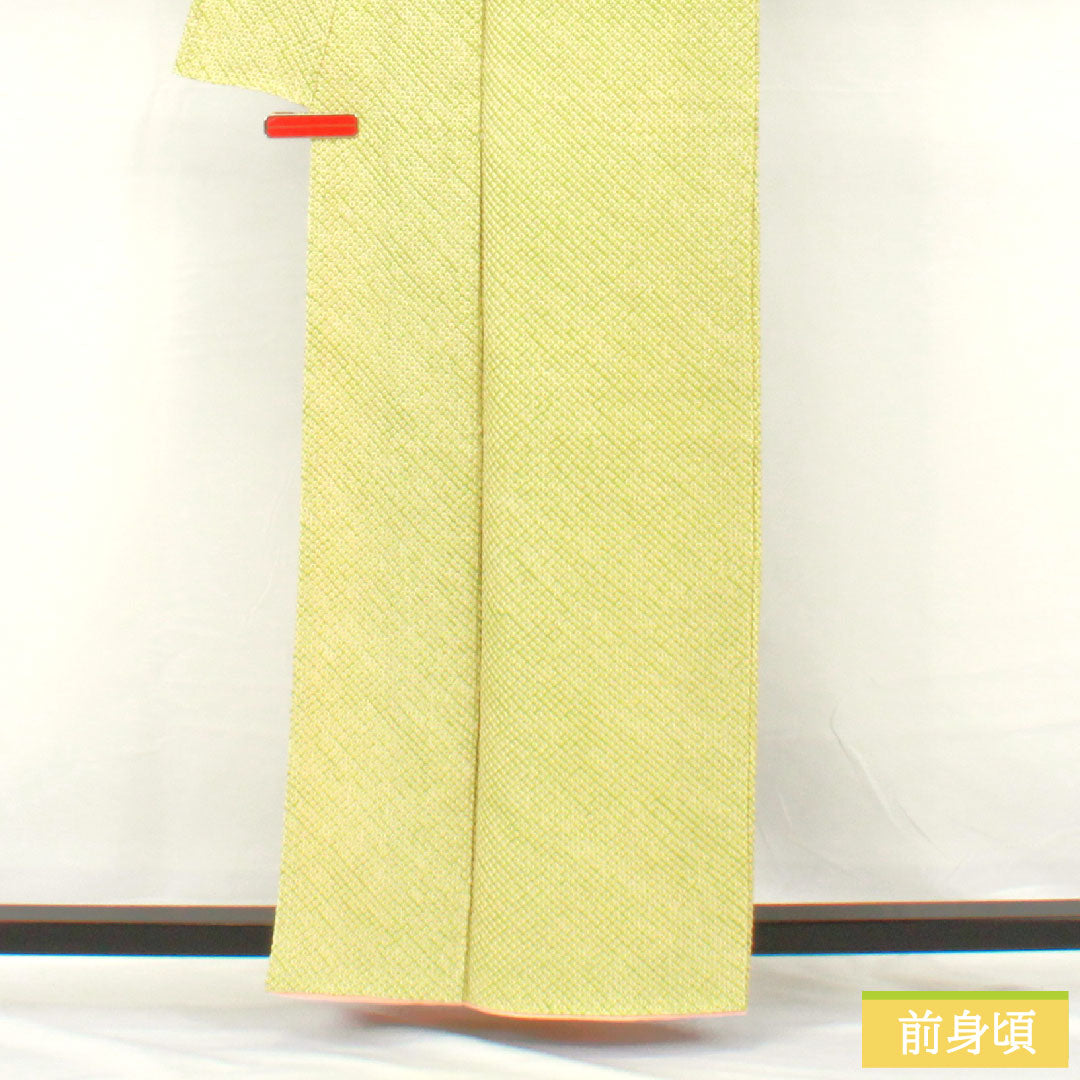 小紋 正絹 身丈162cm 裄丈62.5cm 袷 若菜色(わかないろ) 総絞り 疋田絞 Sランク 緑系 1115004682419